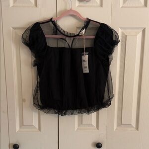 Black Sheer Puff-Sleeve Square Neck Blouse